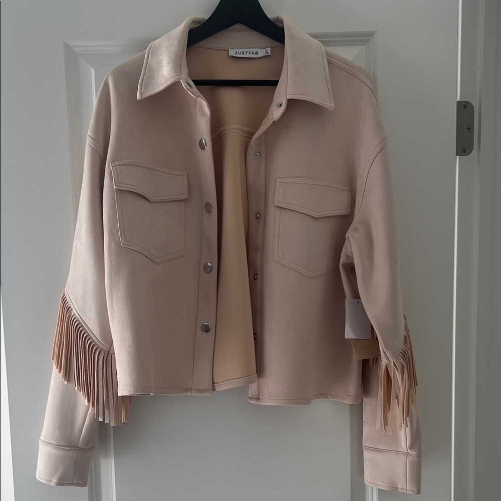JustFab Blush Fringe Snap-Front Jacket